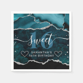 ティール（緑がかった色）とシルバーグリッターアゲートマーブルスウィート16 スタンダードカクテルナプキン