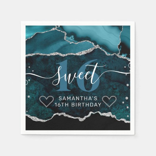 ティール（緑がかった色）とシルバーグリッターアゲートマーブルスウィート16 スタンダードカクテルナプキン (正面)