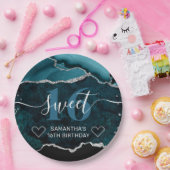 ティール（緑がかった色）とシルバーグリッターアゲートマーブルスウィート16 ペーパープレート (パーティー)