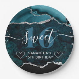 ティール（緑がかった色）とシルバーグリッターアゲートマーブルスウィート16 ペーパープレート