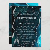 ティール（緑がかった色）とシルバーグリッターアゲートマ結婚ーブルズ 招待状 (正面/裏面)