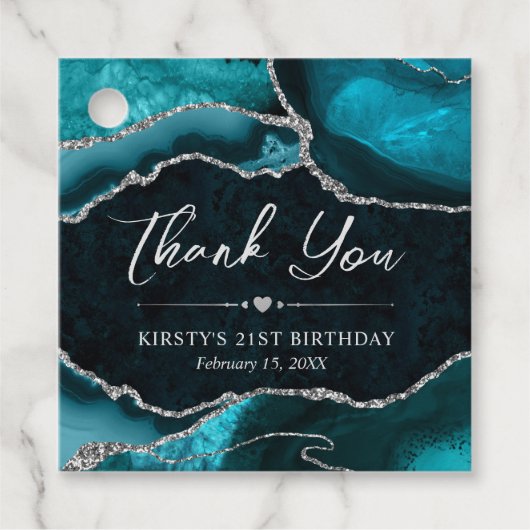 ティール（緑がかった色）とシルバーグリッターアゲート誕生日パーティー フェイバータグ (正面)