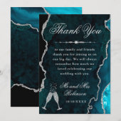 ティール（緑がかった色）とシルバーグリッターアゲート&マーブル結婚ズ サンキューカード (正面/裏面)