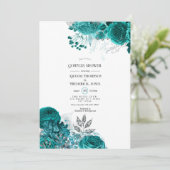 ティール（緑がかった色）とシルバーフローラカップルのシャワー 招待状 (スタンド正面)