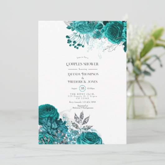 ティール（緑がかった色）とシルバーフローラカップルのシャワー 招待状 (スタンド正面)