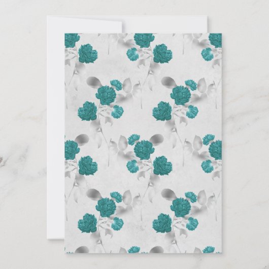 ティール（緑がかった色）とシルバーフローラカップルのシャワー 招待状 (裏面)