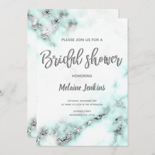ティール(緑がかった色)とシルバー大理石ブライダルシャワー招待 招待状 (正面/裏面)