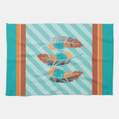 ティール（緑がかった色）とストライプ砂漠の色の羽 キッチンタオル (横)