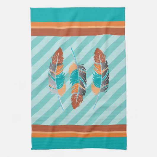 ティール（緑がかった色）とストライプ砂漠の色の羽 キッチンタオル (縦)
