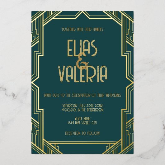 ティール（緑がかった色）とタキシードフォイル結婚式招待状 箔招待状 (正面)