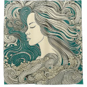 ティール（緑がかった色）とタンウォーターウーマン シャワーカーテン (正面)