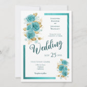 ティール（緑がかった色）とターコイズバラエレガントな結婚式の招待 招待状 (正面)