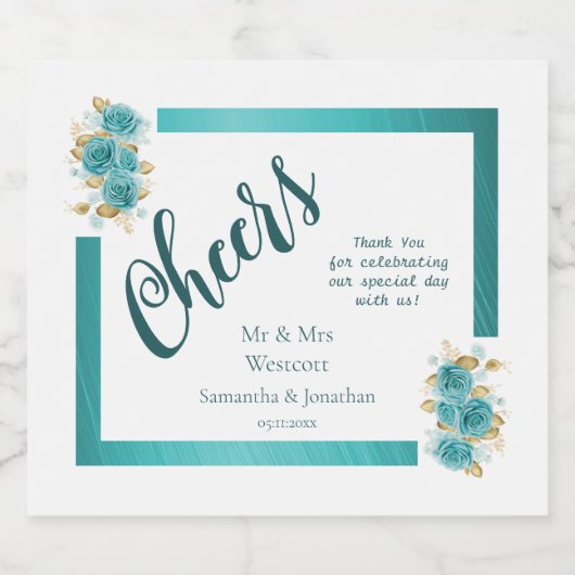 ティール（緑がかった色）とターコイズバラエレガントウェディングきらめく スパークリングワインラベル (シングルラベル)