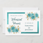 ティール(緑がかった色)とターコイズバラリハエレガントーサルディナー 招待状 (正面)