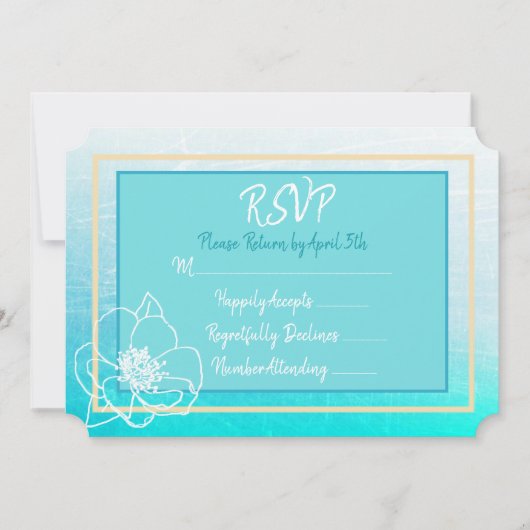 ティール（緑がかった色）とターコイズブルーホワイトフラワーウェディングRSVP 招待状 (正面)