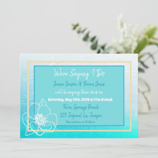 ティール（緑がかった色）とターコイズブルーホワイトフラワー結婚ズ 招待状 (スタンド正面)