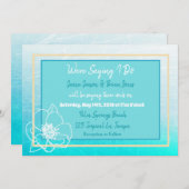 ティール（緑がかった色）とターコイズブルーホワイトフラワー結婚ズ 招待状 (正面/裏面)
