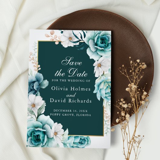 ティール(緑がかった色)とダスティブルーワイルドフラワーデイトカードを保存 セーブザデート