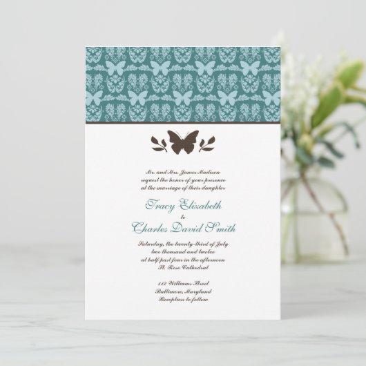 ティール(緑がかった色)とダークブラウンバタフライ結婚式招待状 招待状 (スタンド正面)