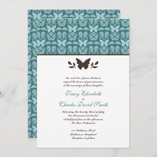 ティール(緑がかった色)とダークブラウンバタフライ結婚式招待状 招待状 (正面/裏面)