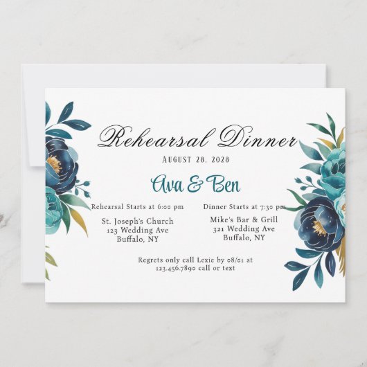 ティール（緑がかった色）とネイビーブルーピーニーリハーサルディナー 招待状 (正面)