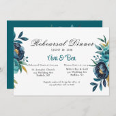 ティール（緑がかった色）とネイビーブルーピーニーリハーサルディナー 招待状 (正面/裏面)