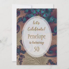 ティール（緑がかった色）とバラ金ゴールド羽のようなフラクタル50誕生日 招待状
