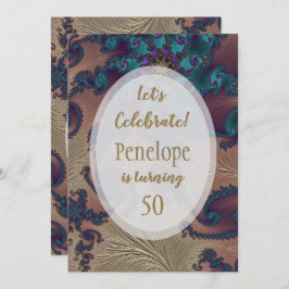 ティール（緑がかった色）とバラ金ゴールド羽のようなフラクタル50誕生日 招待状