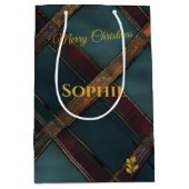 ティール（緑がかった色）とバーガンディの十字型の格子模様のクリスマス ミディアムペーパーバッグ (正面)