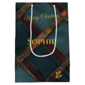 ティール（緑がかった色）とバーガンディの十字型の格子模様のクリスマス ミディアムペーパーバッグ (裏面)