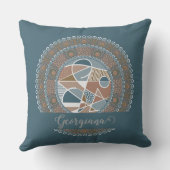 ティール（緑がかった色）とパーソナライズされた金ゴールド抽象芸術アクセント曼荼羅 クッション (裏面)