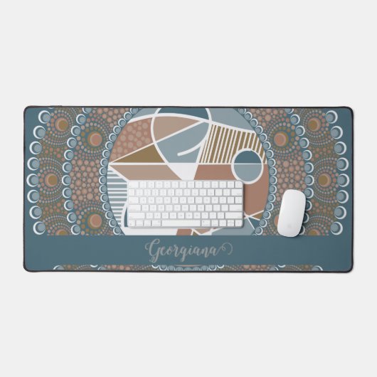 ティール(緑がかった色)とパーソナライズされた金ゴールド抽象芸術アクセント曼荼羅 デスクマット (キーボード&マウス)