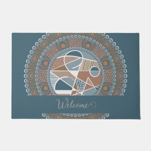 ティール(緑がかった色)とパーソナライズされた金ゴールド抽象芸術アクセント曼荼羅 ドアマット (正面)