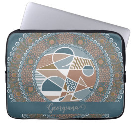ティール（緑がかった色）とパーソナライズされた金ゴールド抽象芸術アクセント曼荼羅 ラップトップスリーブ