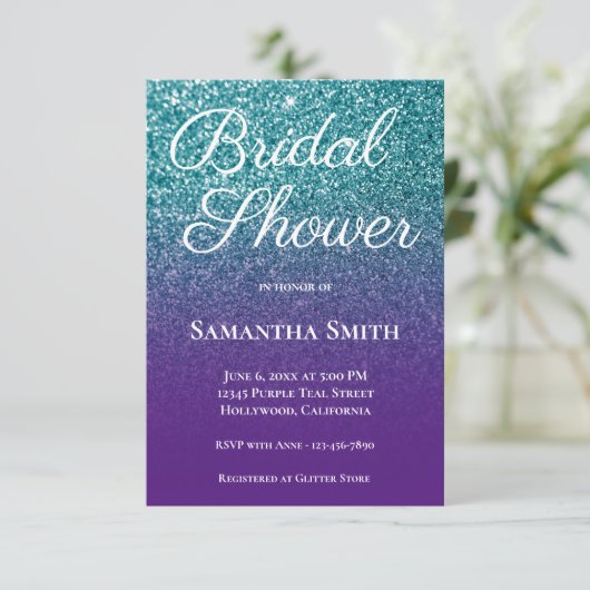 ティール（緑がかった色）とパープルグラデーショングリッターブライダルシャワー 招待状 (スタンド正面)
