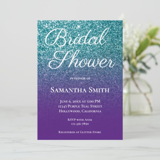 ティール(緑がかった色)とパープルグラデーショングリッターブライダルシャワー 招待状 (スタンド正面)