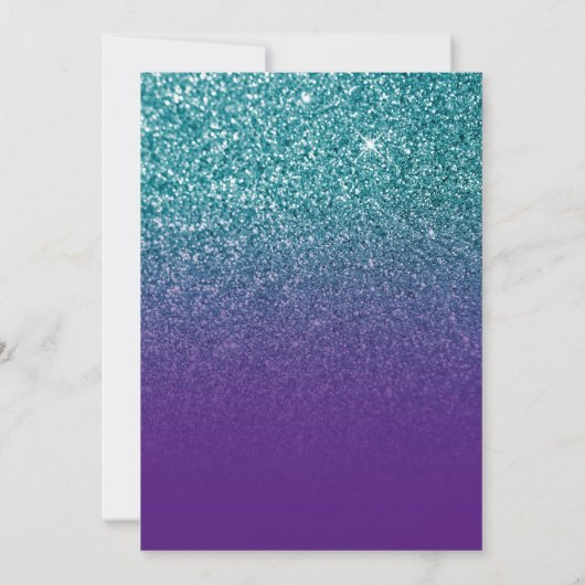 ティール（緑がかった色）とパープルグラデーショングリッターブライダルシャワー 招待状 (裏面)