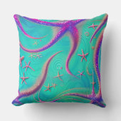 ティール(緑がかった色)とパープルスターフィッシュビーチをテーマ クッション (正面)