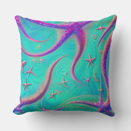 ティール(緑がかった色)とパープルスターフィッシュビーチをテーマ クッション (正面)