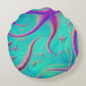 ティール(緑がかった色)とパープルスターフィッシュビーチをテーマ ラウンドクッション (裏面)