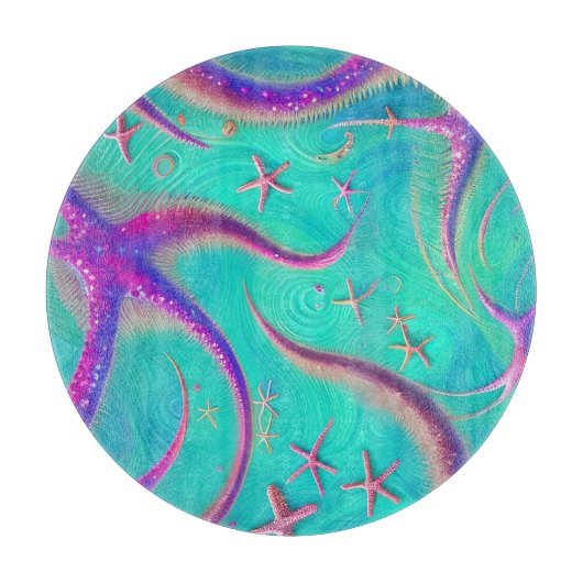 ティール（緑がかった色）とパープルスターフィッシュビーチー カッティングボード (正面)