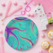 ティール（緑がかった色）とパープルスターフィッシュビーチー ペーパープレート (パーティー)