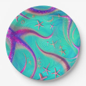 ティール（緑がかった色）とパープルスターフィッシュビーチー ペーパープレート (正面)