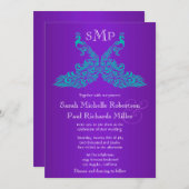 ティール（緑がかった色）とパープルピーコック結婚式招待状 招待状 (正面/裏面)