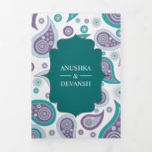 ティール(緑がかった色)とパープルペイズリーインディアン結婚スタイルの写真 三つ折り招待状 (カバー)