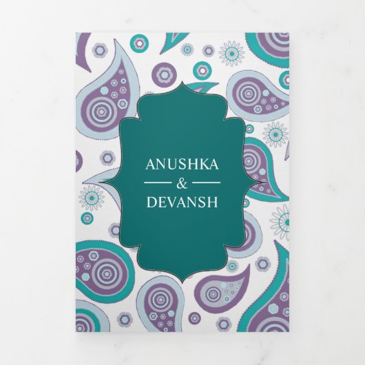 ティール(緑がかった色)とパープルペイズリーインディアン結婚スタイルの写真 三つ折り招待状 (カバー)