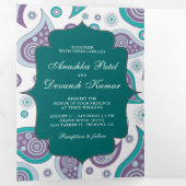 ティール(緑がかった色)とパープルペイズリーインディアン結婚スタイルの写真 三つ折り招待状 (内部最初)