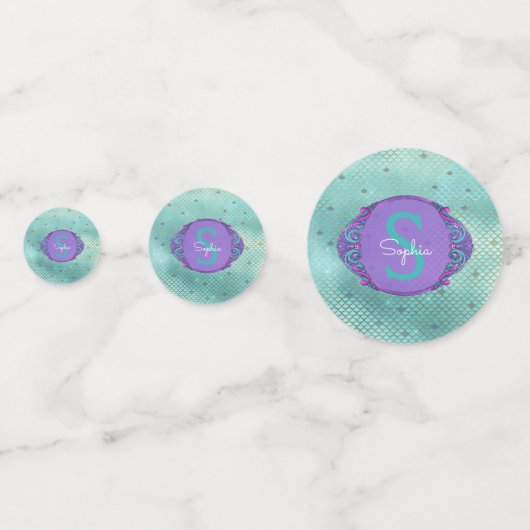 ティール（緑がかった色）とパープルマーメイドモノグラはかりで測ムパーティー コンフェッティ (裏面)