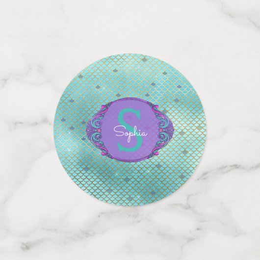 ティール（緑がかった色）とパープルマーメイドモノグラはかりで測ムパーティー コンフェッティ (スモール正面)