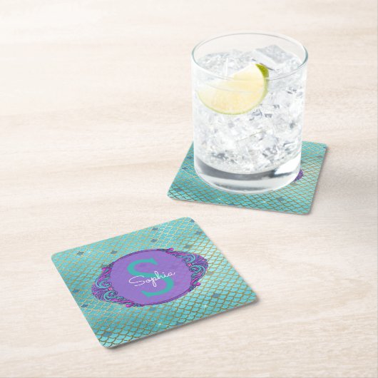 ティール(緑がかった色)とパープルマーメイドモノグラはかりで測ム誕生日 スクエアペーパーコースター (インサイチュ)